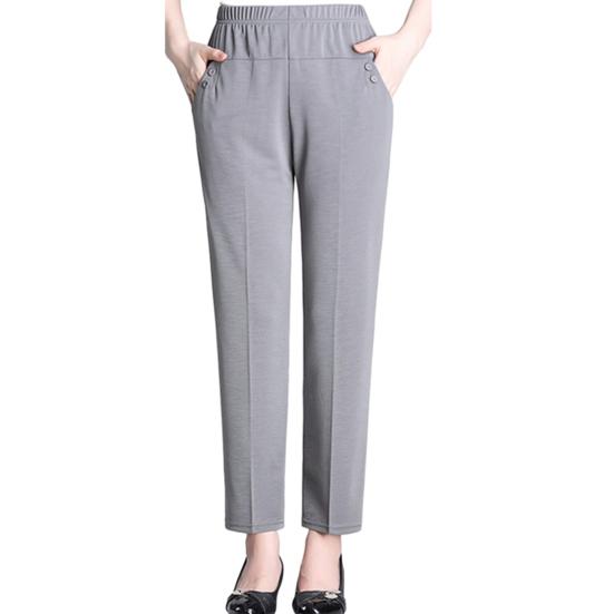 High Waist Elastic Waistband Women Pants Button Decoration Pockets Thin Office Lady Straight Wide Leg Trousers
