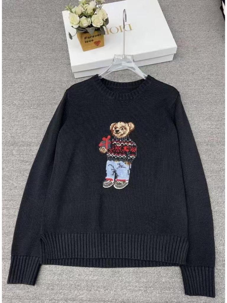 2025 R.L Wool Blend Cartoon Bear Round Neck Sweater - Women's Autumn/Winter Versatile Embroidered Style