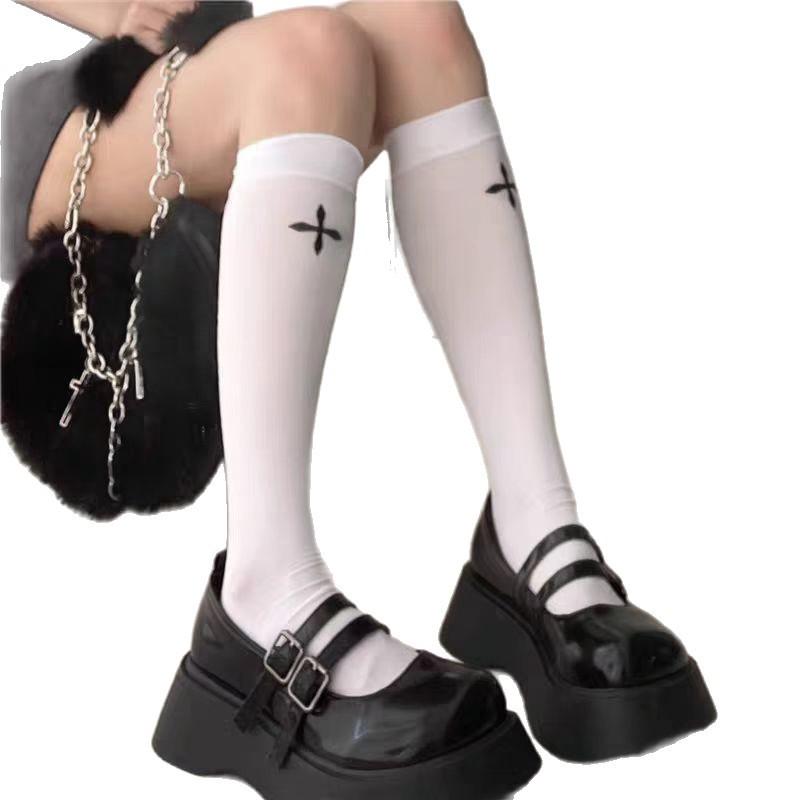 Spring and summer black JK calf socks summer thin slim calf mid tube socks cross niche women dark