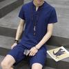 Men's Summer Cotton Linen V-neck T-shirt and Pants Two-piece Set - Plus Size