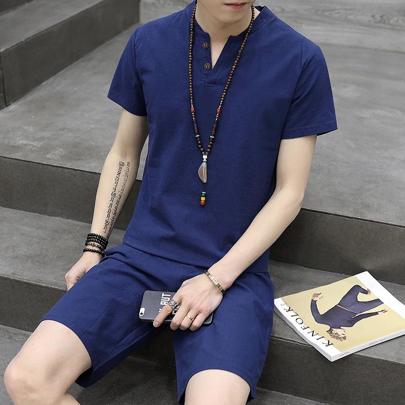 Men's Summer Cotton Linen V-neck T-shirt and Pants Two-piece Set - Plus Size