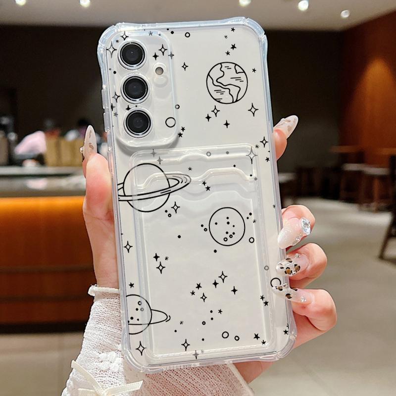 Cute Planet Pattern Clear Card Slot Case For Samsung S24 FE S23 S22 Ultra A16 A55 A15 A35 A54 A34 A14 Shockproof Soft Silicone Protection Phone Cover