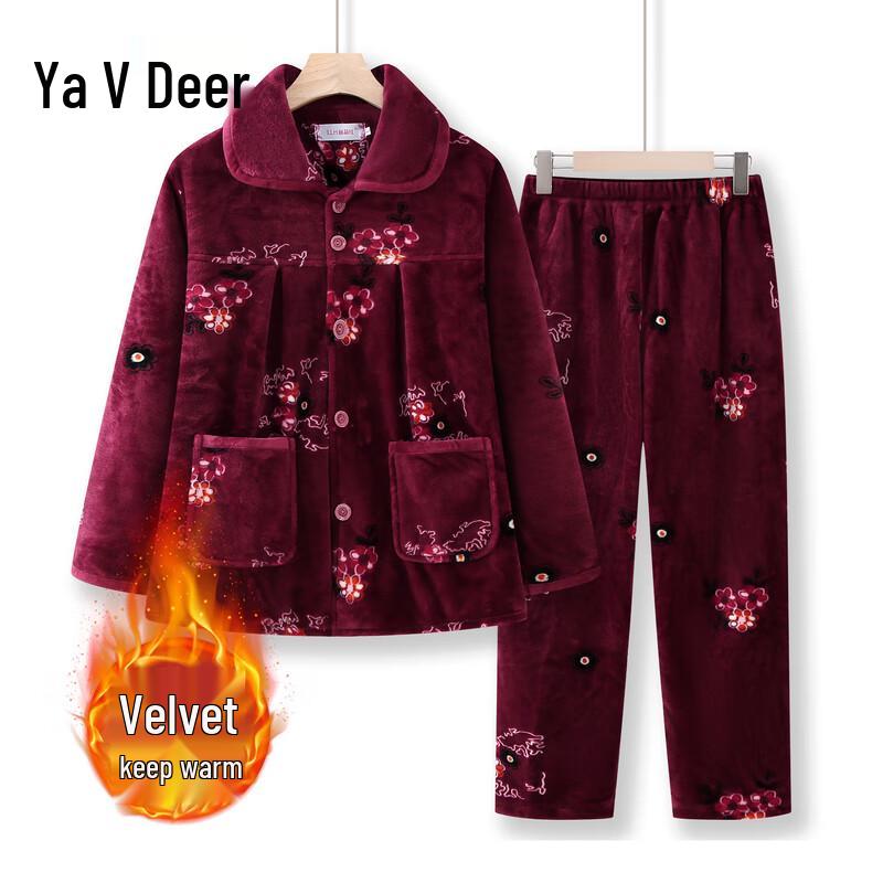 Yalu Women s Plus Velvet Winter Warm Pajama Set 2XL