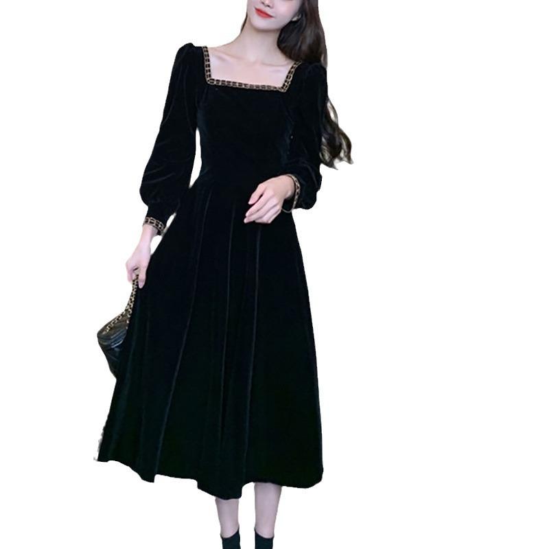 Kleines französisches schwarzes Kleid im Hepburn-Stil - Neuer Frühling/Herbst A-Linien Puffärmel Quadratischer Ausschnitt Midilänge Rock Trend