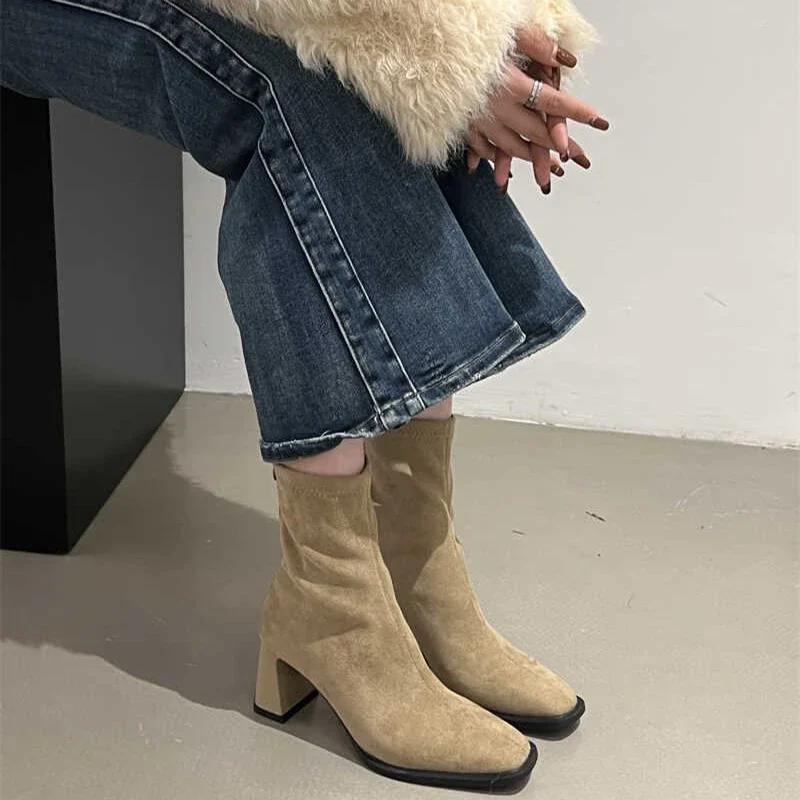 Mode Damen Stretch Stiefeletten Mode Elegant Modern Schmal Kurze Stiefeletten Herbst Winter Damen Reißverschluss hinten Schuhe