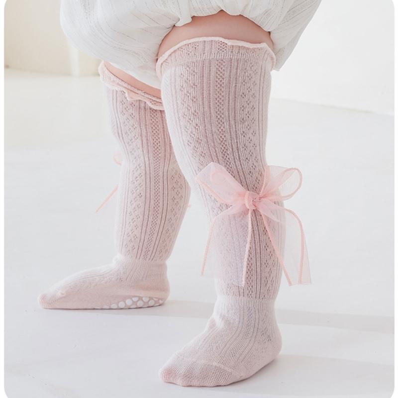 Kids Lace Pattern Over Knee Stockings Soft Combed Cotton Summer Thin Style Beige Color For Daily Wear
