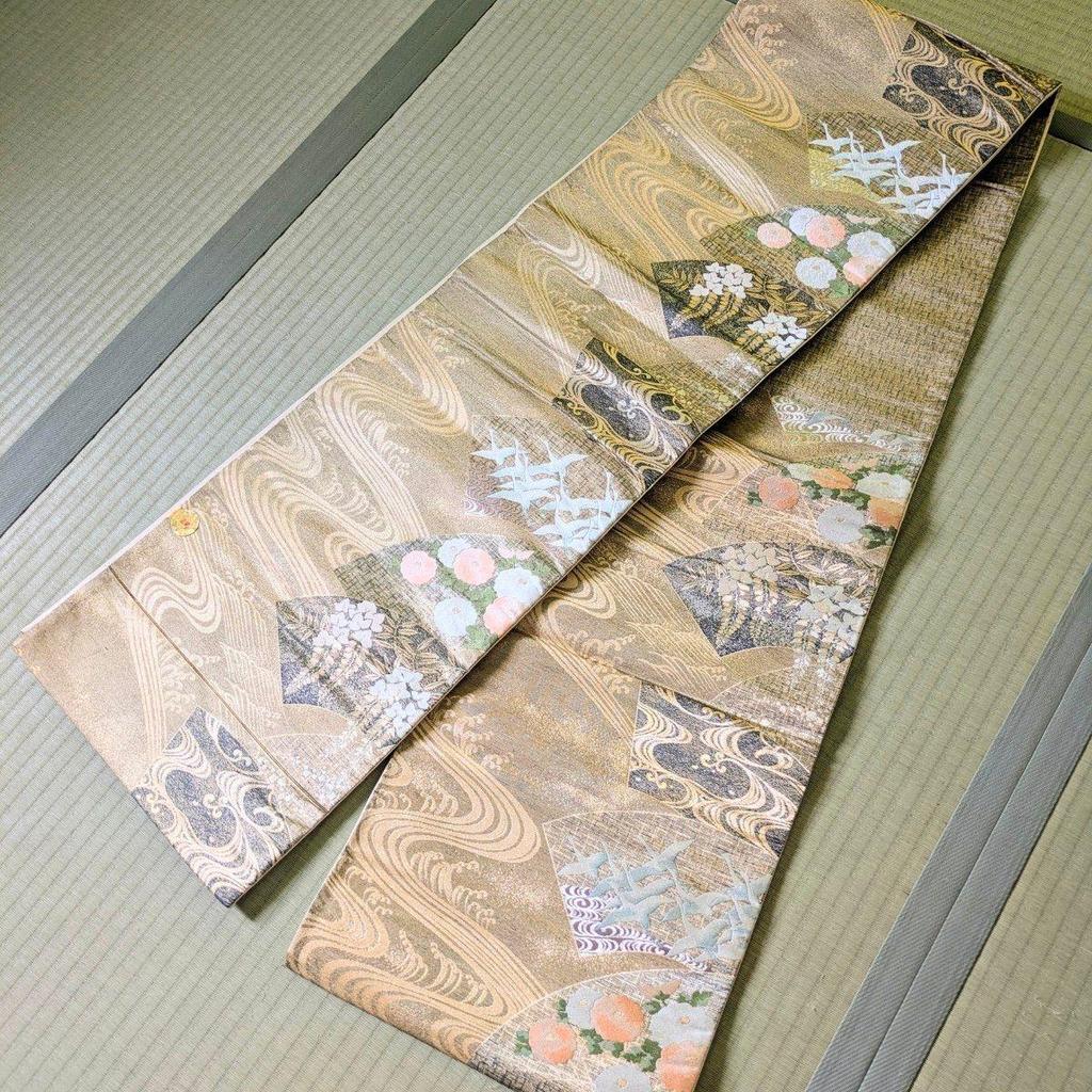 Used Nishijin-ori Six-panel Fukuro Obi with Certificate, Karori, Chiri-nagashi Kasen-cho, Gold and Silver Threads, Pure Silk, Beautiful Condition,