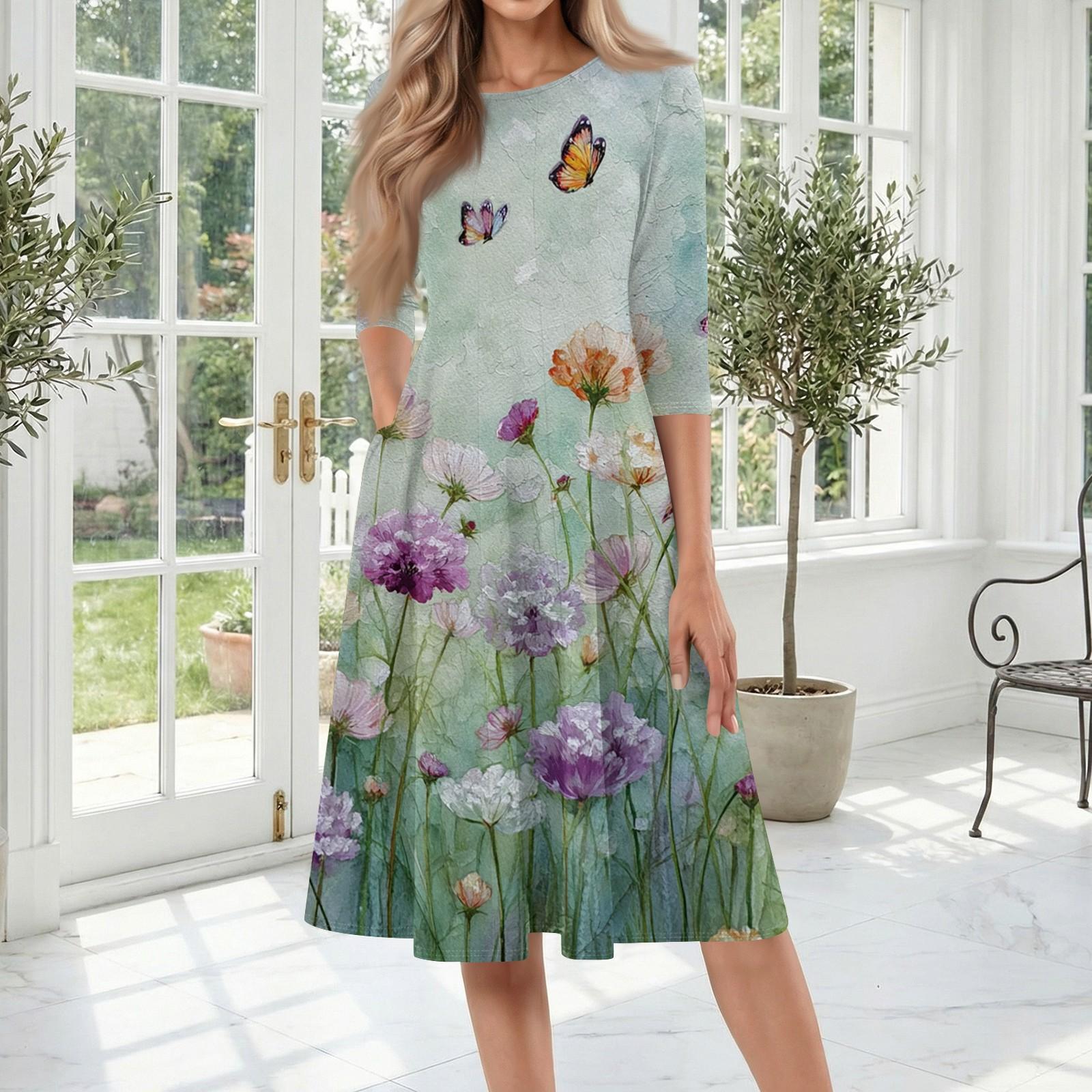 

Women s Casual Round Neck Three Quarter Sleeve Floral Print Mid Length Dress Comfortable Fit Lightweight Fabric Suitable for Everyday Wear L