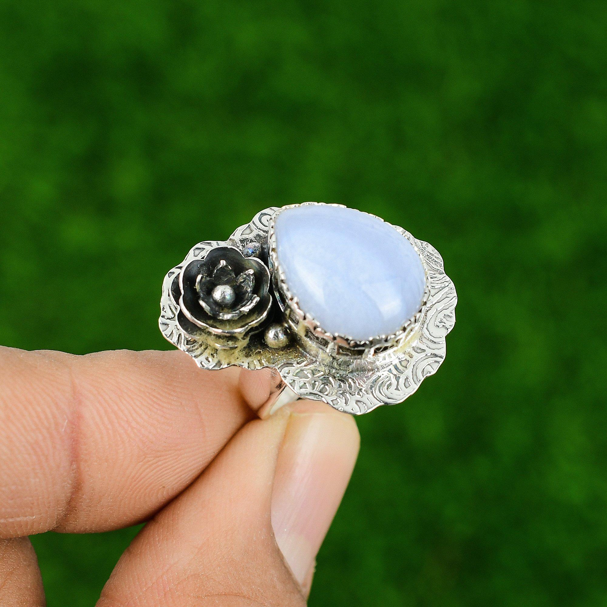 

Pear Blue Lace Agate Stone Birthday Flower New Ring Jewelry 925 Sterling Silver Adjustable