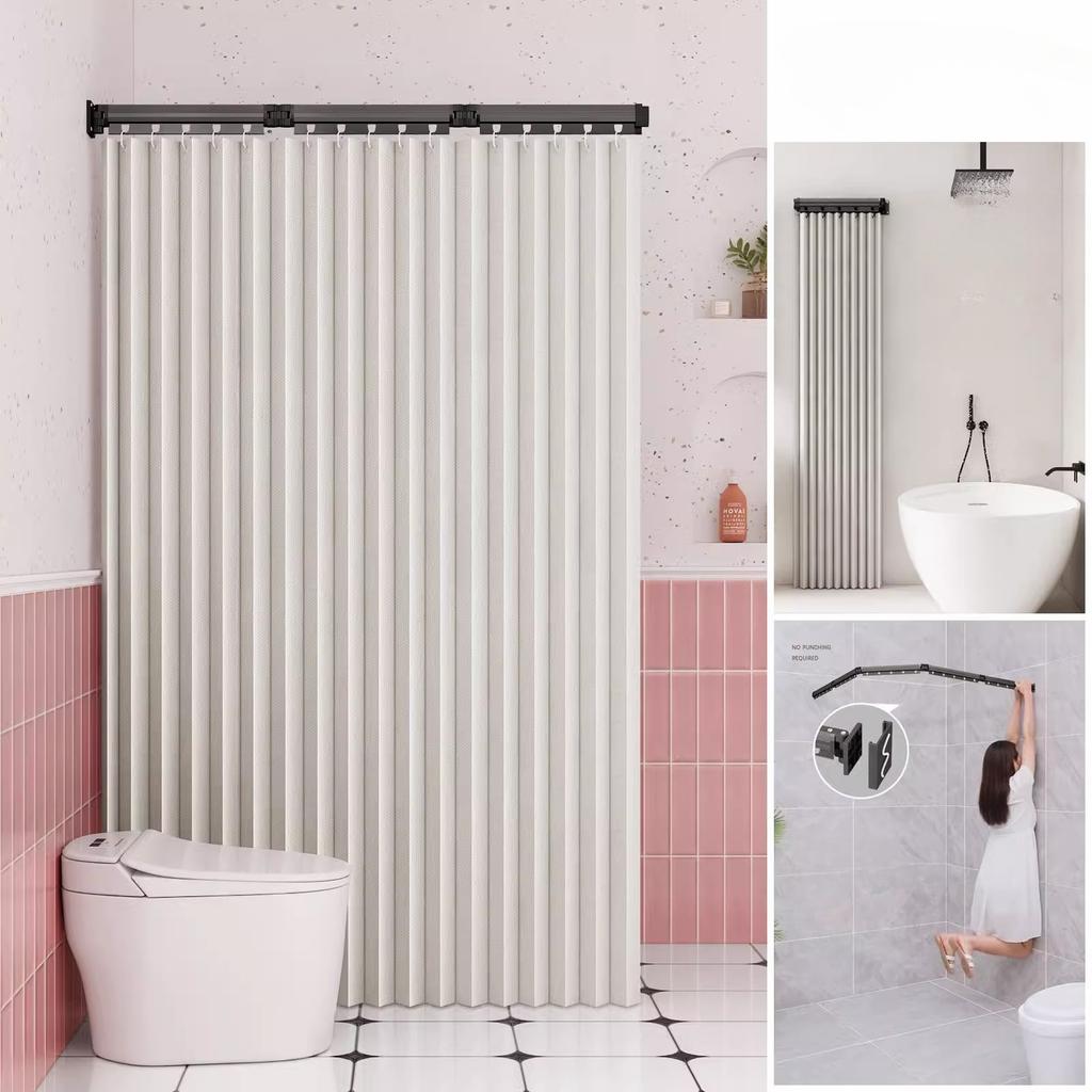Foldable Shower Curtain Rod for Bathroom and Toilet, No Need To Drill Holes, Dry-wet Separation, C-shaped Waterproof Shower