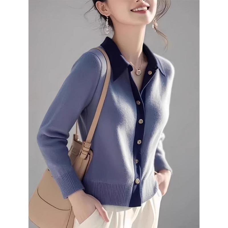 Autumn and Winter Blue Lapel Knitted Cardigan Women's Design Sense Good-looking Top