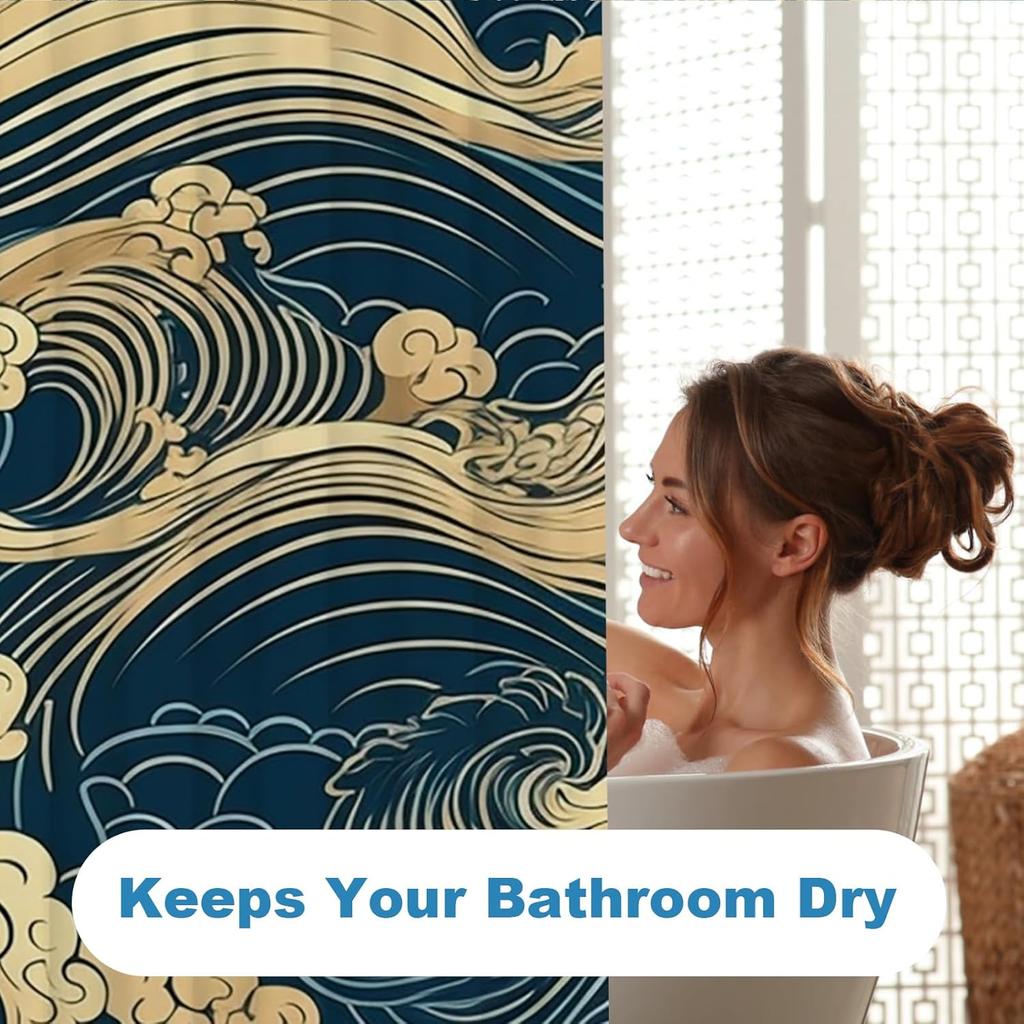 Japanese Wave Shower Curtain Oriental Vintage Wave Monochrome Kanagawa Inspired Antique Art Theme Bathroom Decor Set Machine