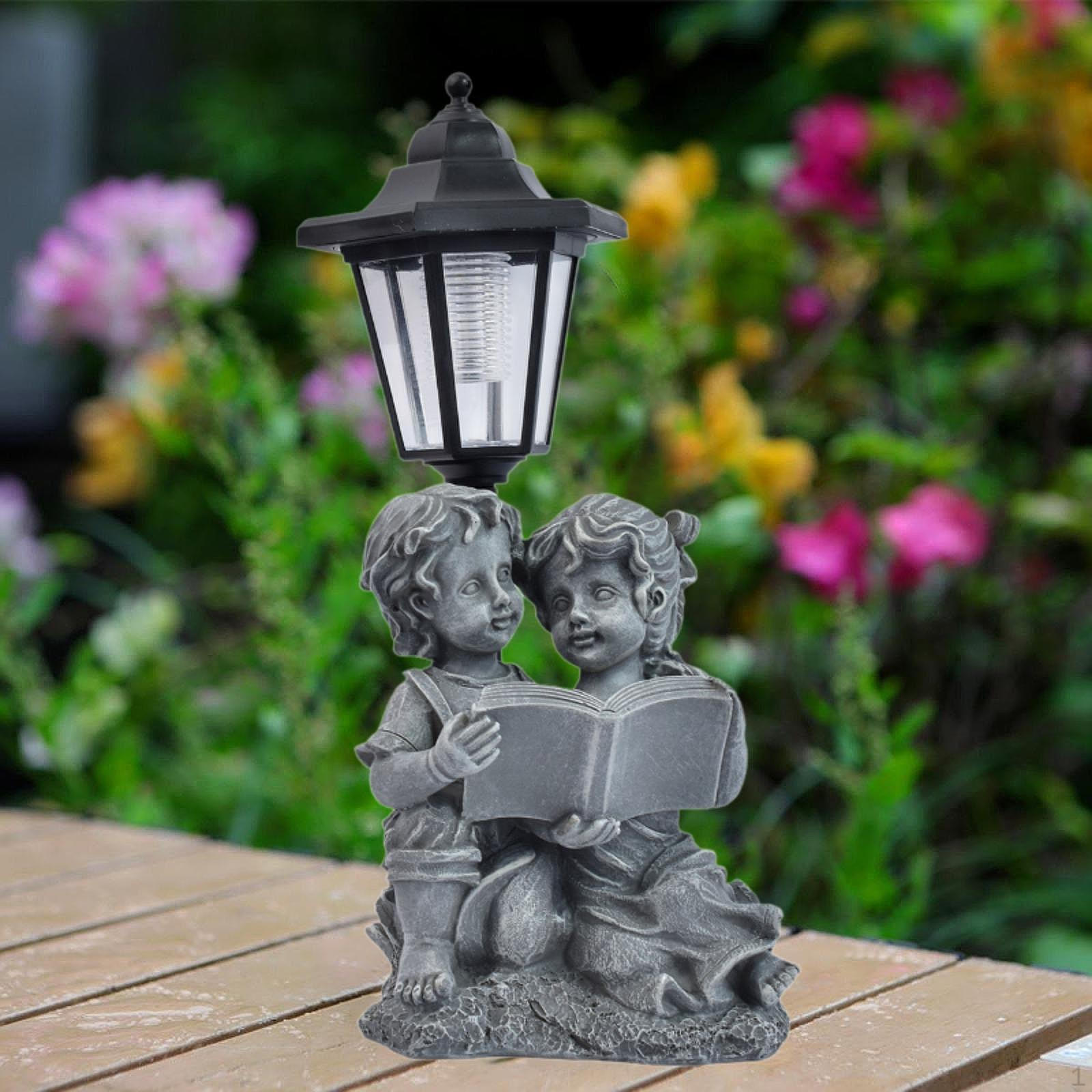 

Boy and Girl Outdoor Garden Statue Sculpture with Solar Light Gray Lovely Resin Figurine for