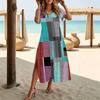 Women Fashion Round Neck Splashing Ink Gradient Grid Printed Short Sleeve Side Slit Dress Casual Vacation Dress Long Loose Dress