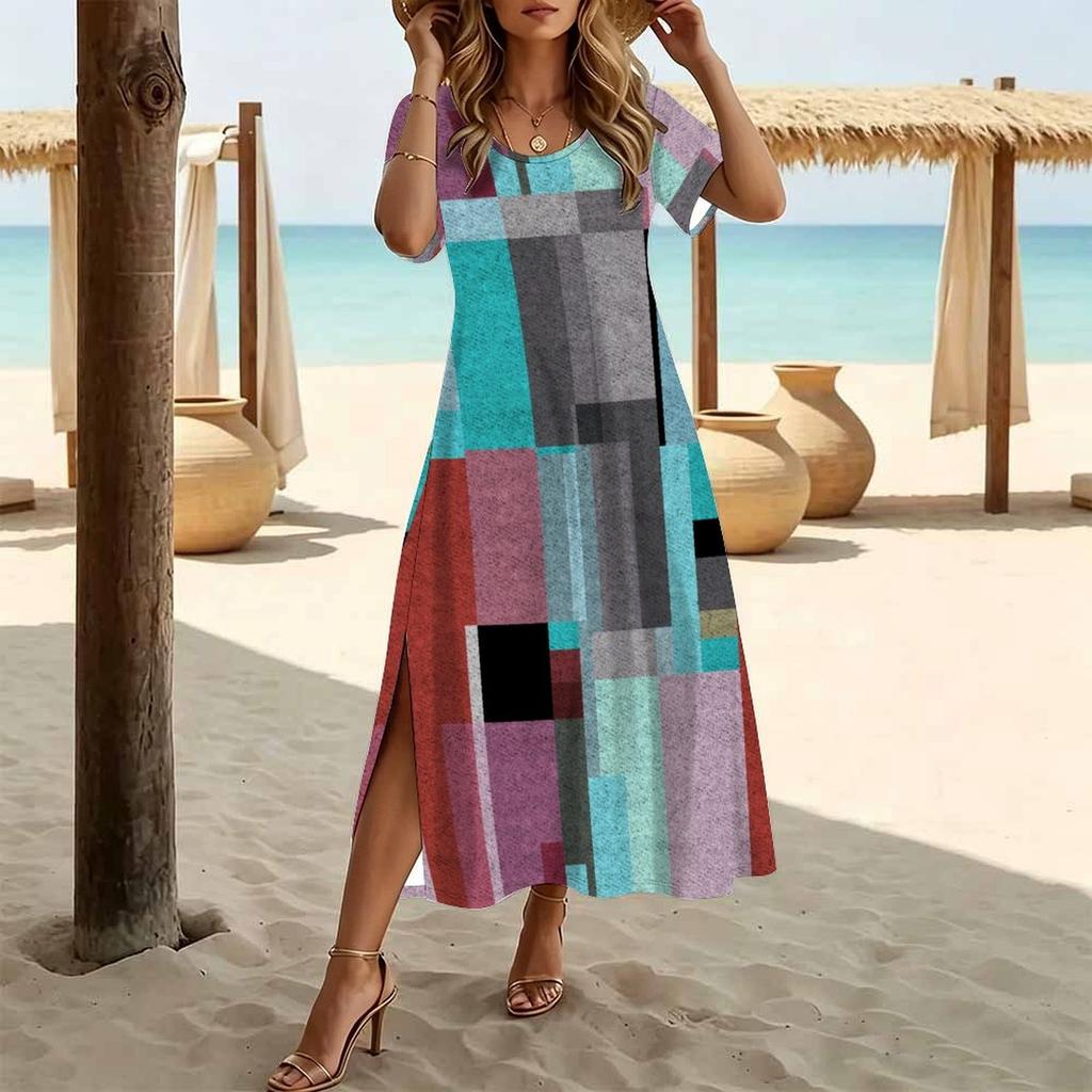 Women Fashion Round Neck Splashing Ink Gradient Grid Printed Short Sleeve Side Slit Dress Casual Vacation Dress Long Loose Dress