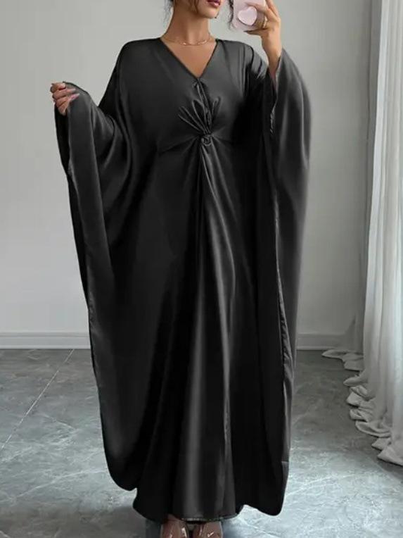 Elegant V-Neck Satin French Dress with Batwing Sleeves and Waist-Cinching Design