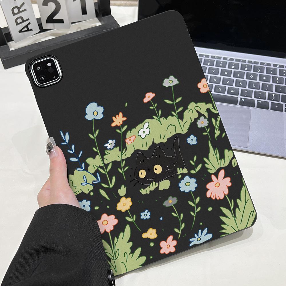 Matte Tablet Case for Xiaomi Pad 6S 7S 6 7 8 Pro 11.2 Inches Mini 8.8 Inch Shell Black Cat in Flowers Forest Healing Fingerprint Xiaomi Redmi Pad Pro