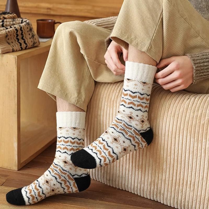 Thick Woolen Socks Mid-Calf Ultra-Thick Home Floor Sleep Warmth Retro Ethnic Style Autumn Winter Home Comfort Stocking
