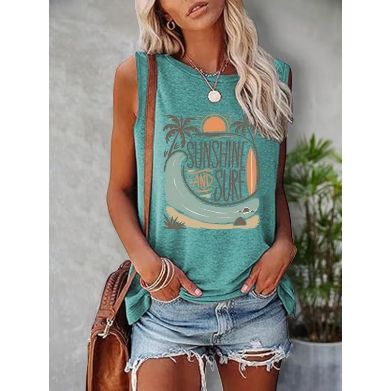 Women's printed tank top T-shirt with patterned short sleeves, women's sleeveless round-neck T-shirt
