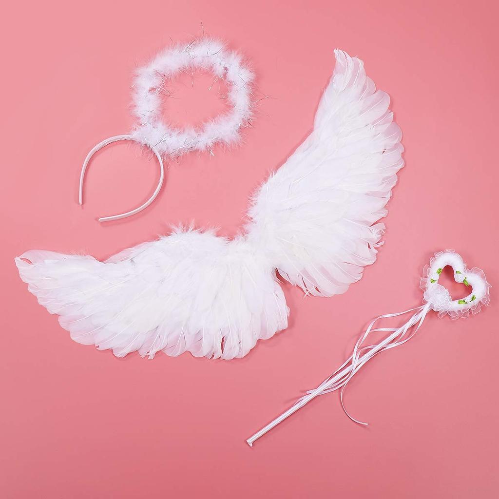 CALLARON Angel Wings Cosplay Lovely Costume Cute Angel Hair Angel Photo Stage Shoot Set, White, Ring, Accessory, Set, Prop,