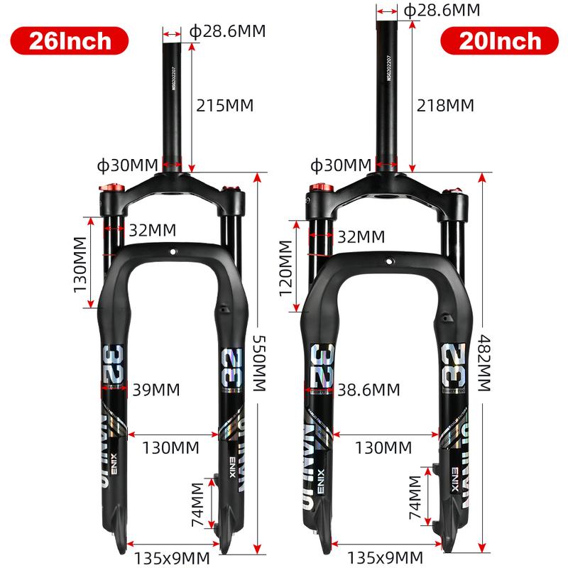 NANLIO Fat Bike Air Suspension Fork 20 26 Inch 4.0 Tire Snow MTB E-Bike Fork Oil Damping 32mm Stanchion 135x9mm