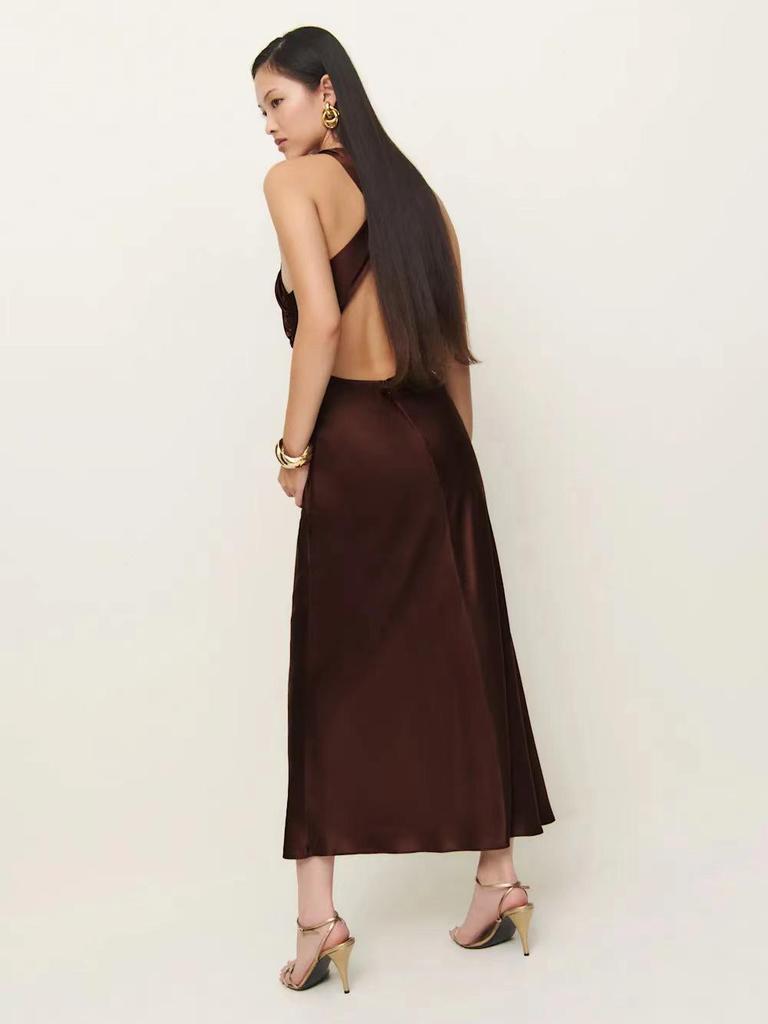 Spring Summer Sexy Halter Long Dress - European & American Style, Slim Fit, Solid Color, Sleeveless for Women