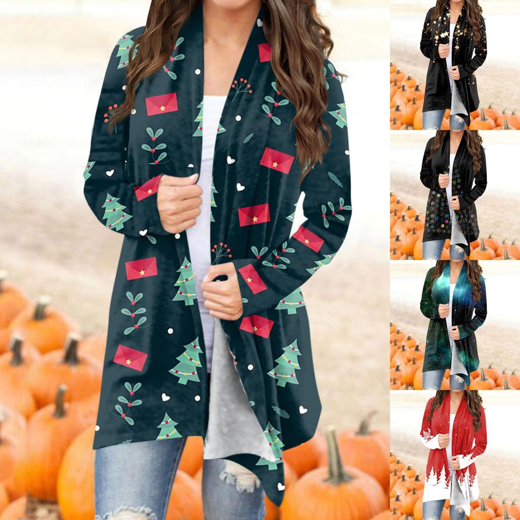 Women's Fashion Casual Christmas Print Mid Length Slim Fit Cardigan Coat
