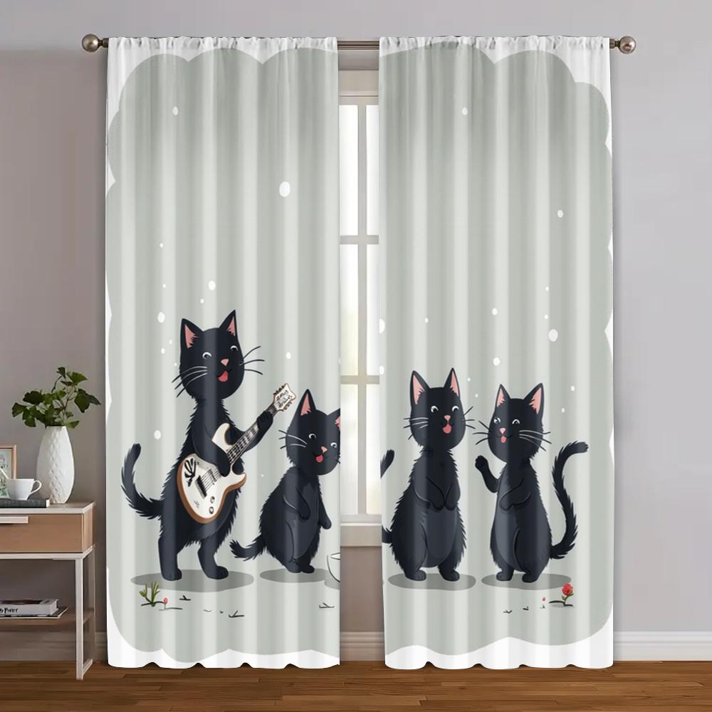 2pcs, Light Filtering Curtains Black Cat & Jungle Flowers Versatile Fabric (without Rod) Decorations Outdoor Ldeal for Room,
