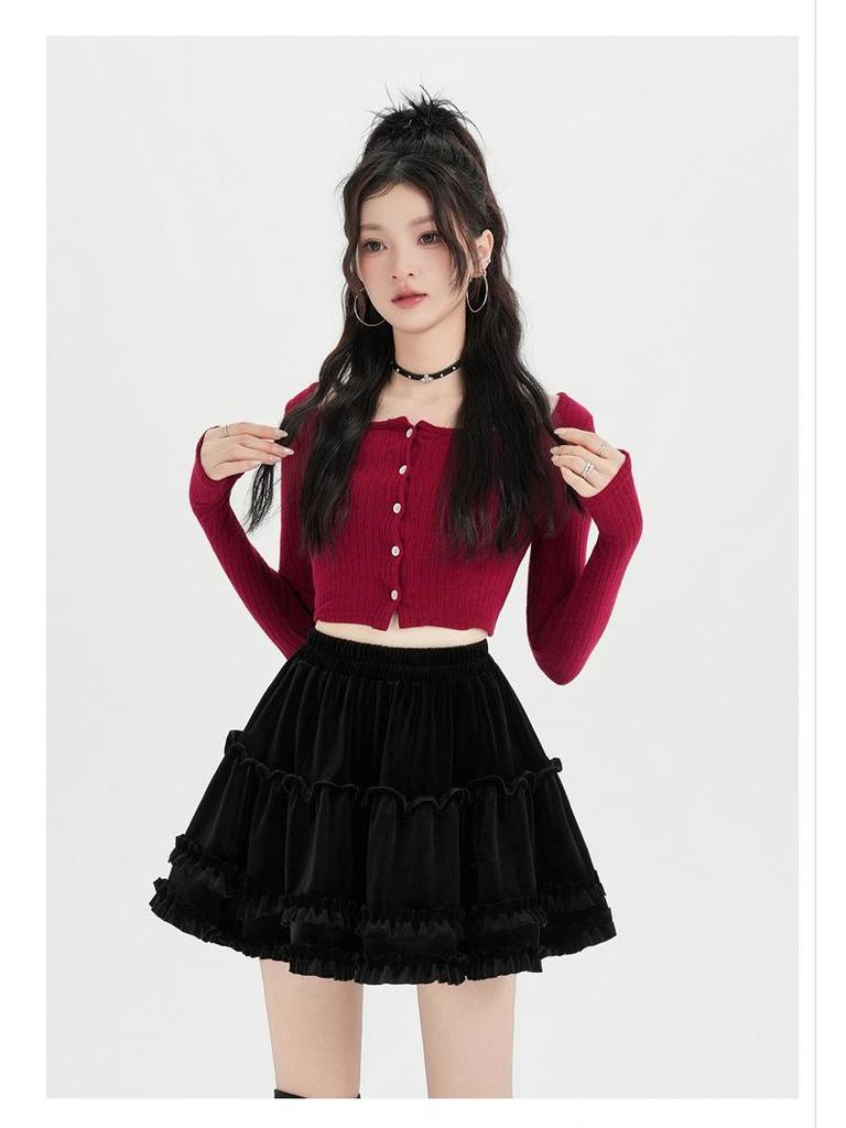 High-Waist Velvet A-Line Fluffy Skirt for Women - Autumn/Winter Collection