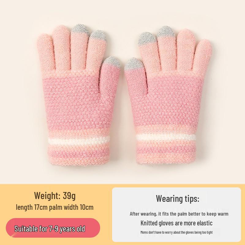 Children's Touchscreen Writing Gloves - Men's Warm Knitted Wool for Autumn Winter, Cold-Proof, Five-Finger Design for Students and Girls