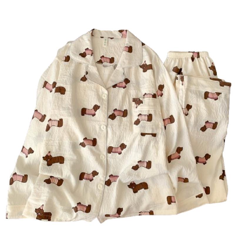 Cartoon Sausage Dog Plus Size Women's Long Sleeve Pajama Set for Spring/Autumn
