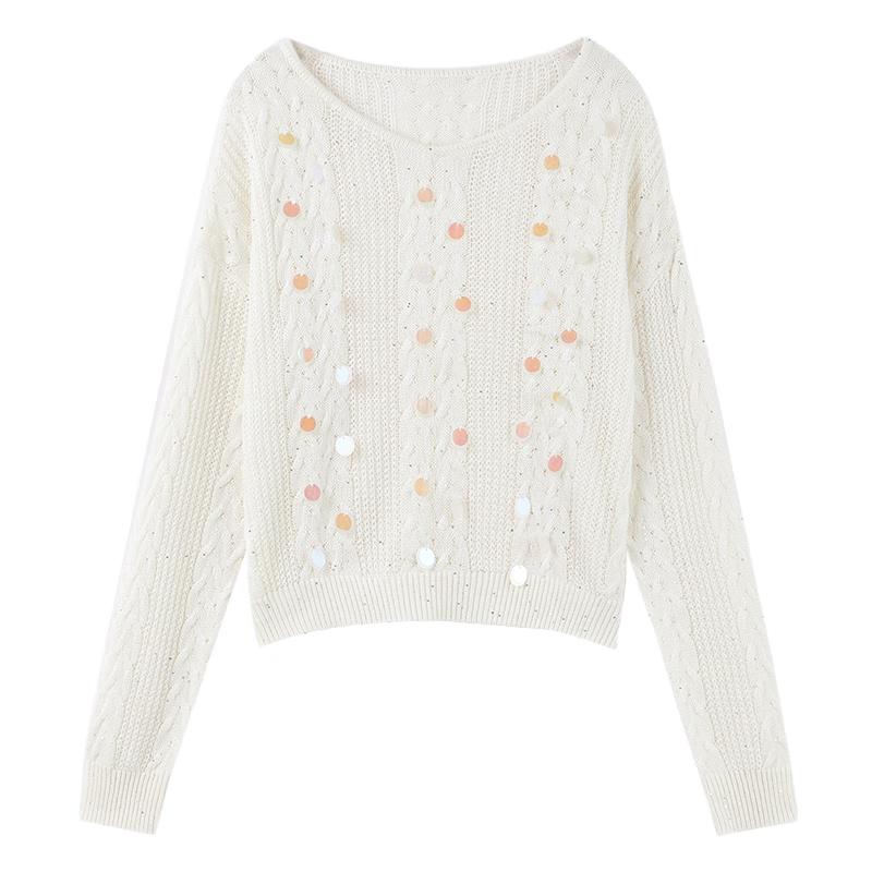 Elegant Jacquard Knit V-Neck Sweater L