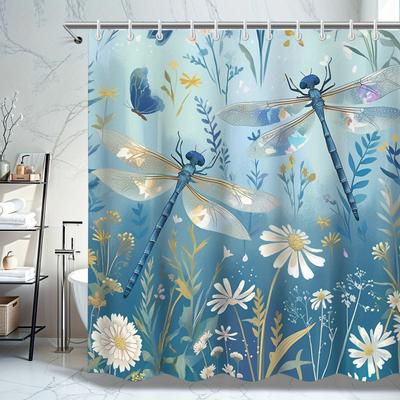 Dragonfly & Floral Shower Curtain-Durable Polyester,Artistic All-Season Design,Easy Install Hooks,Nature-Inspired Bathroom Decor