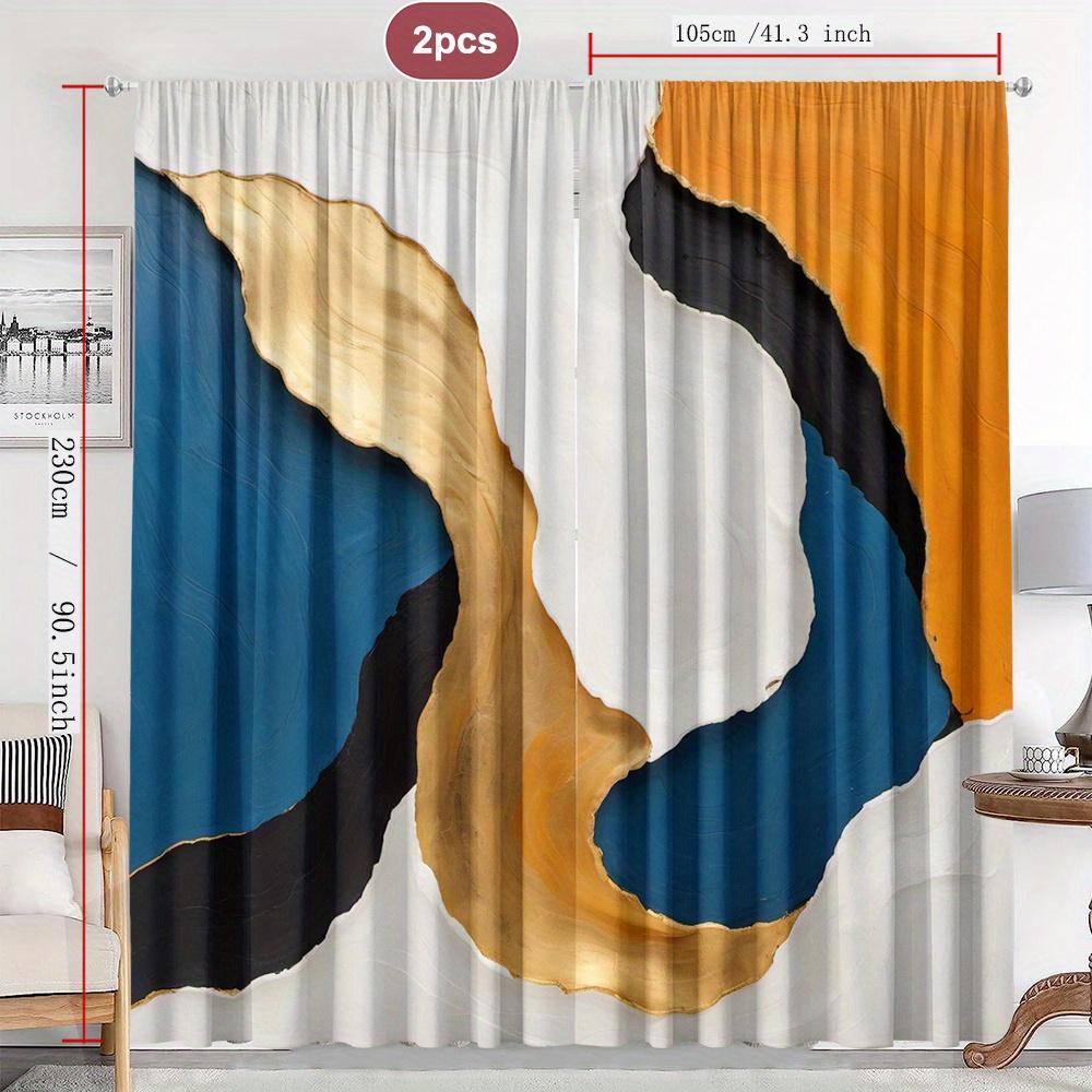 Abstract Gold Blue Black White Curtains Set of 2 Rod Pocket Semi Sheer for Living Room Bedroom Decor