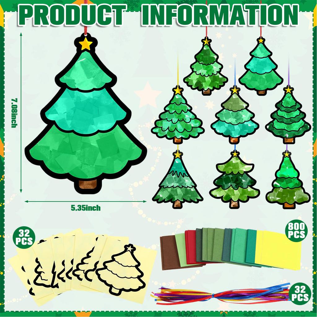 32 Pcs DIY Xmas Tree Shaped Suncatchers Xmas Tree Suncatchers Crafts for Christmas Holiday Home Window Art Decor