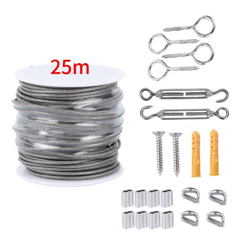 Stainless Steel Outdoor Wire Rope Kit with Carabiner Hook & Tensioner for String Lights and Clothesline.