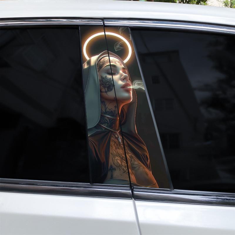 2pcs Nun Sisters Car Decal Car B-Pillar Sticker Smoking Nun Styling Car Decal Diy Car Door Post Vinyl Decal Cool Nun Decal