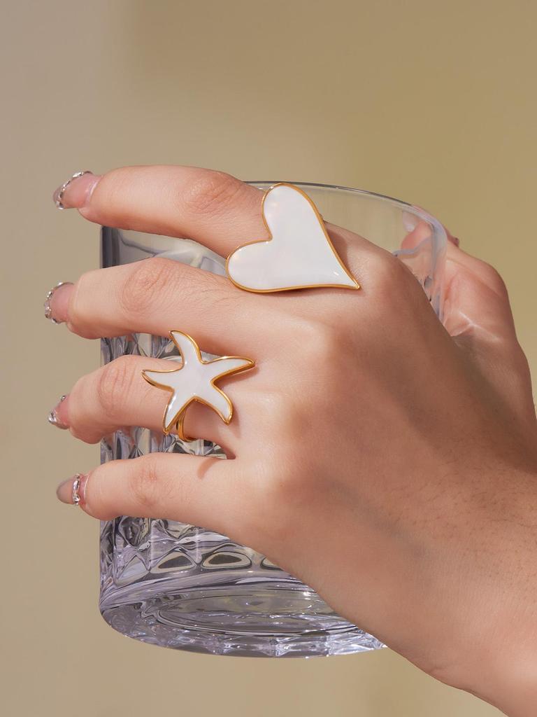 Oumeka Natural Seashell Heart Earrings & Ring Set - Stainless Steel Fashion Jewelry