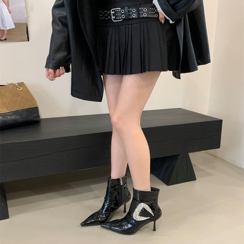 2025 autumn new pointed thin heel high heel temperament thin French fashion sexy rhinestone buckle short boots