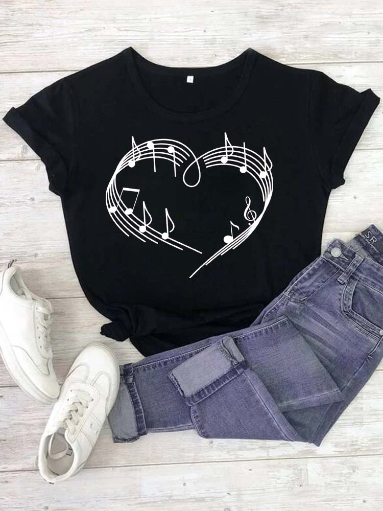 Fashion Women T Shirt Musical Note Printed T Shirt Casual Black Tops 90s Ladies Girls Tee Shirt Female Harajuku Graphic T-shirt