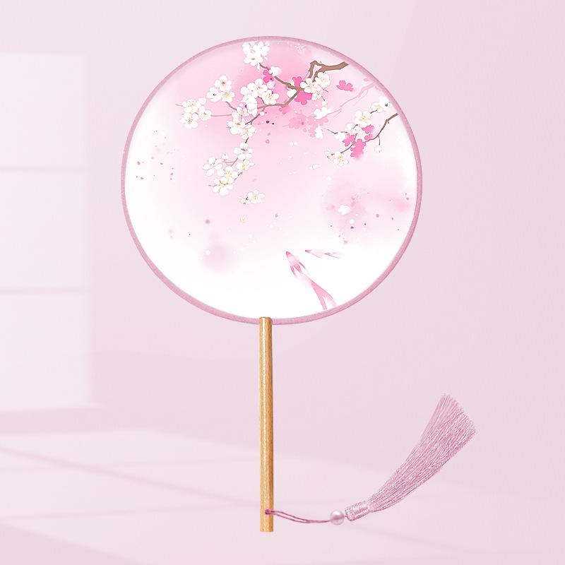 Girls' Summer Hanfu Dance Fan: Long Handle, Double-Sided Embroidered Round Fan for Traditional Costume