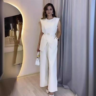 Round Neck Belt Sleeveless White High Waist Tops Solid Color Wide Leg Long Pants Slim Fit Elegant Two Piece Sets Women Pants Set