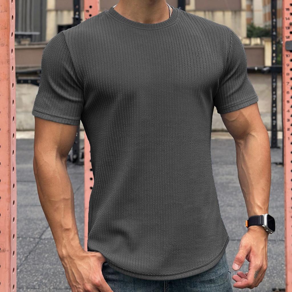 American Style Men's Summer Short Sleeve Slim Fit Fitness Top Solid Crew Neck Training T-shirt
