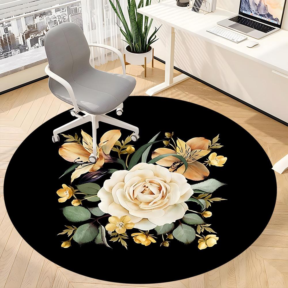 1pc Cream Rose Arrangement Chair Carpet for Office, Round Non-Slip Durable Large Size Office Carpet, Suitable for Office, Beautiful Decoration
