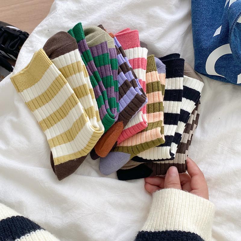 Socks Women Autumn Spring Korea Style Harajuku Street Sport Cotton Stripes Casual Skateboard Mid-tube Sock