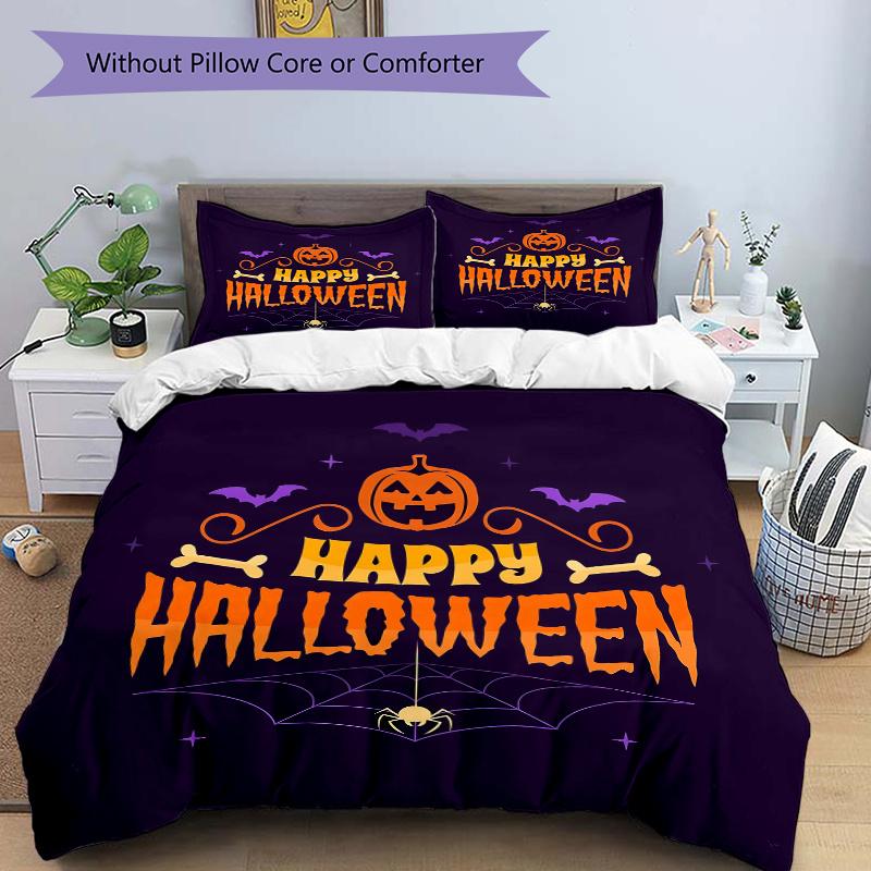 3pcs Featured Happy Halloween Theme Printed Quilt Set - Includes 1 Quilt Cover and 2 Pillowcases, Machine Washable - Suitable for All Seasons.H03