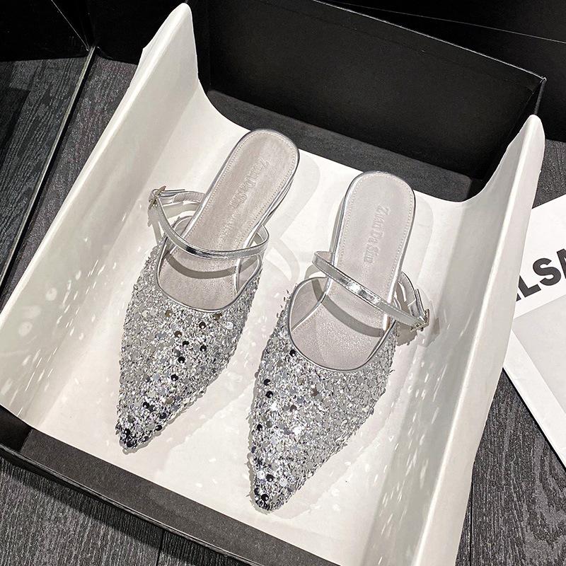 Fashion Silver glitter slides summer shoes woman low heel slippers bling bling pointed toe sandalias 34-42 big size mules women pantufla
