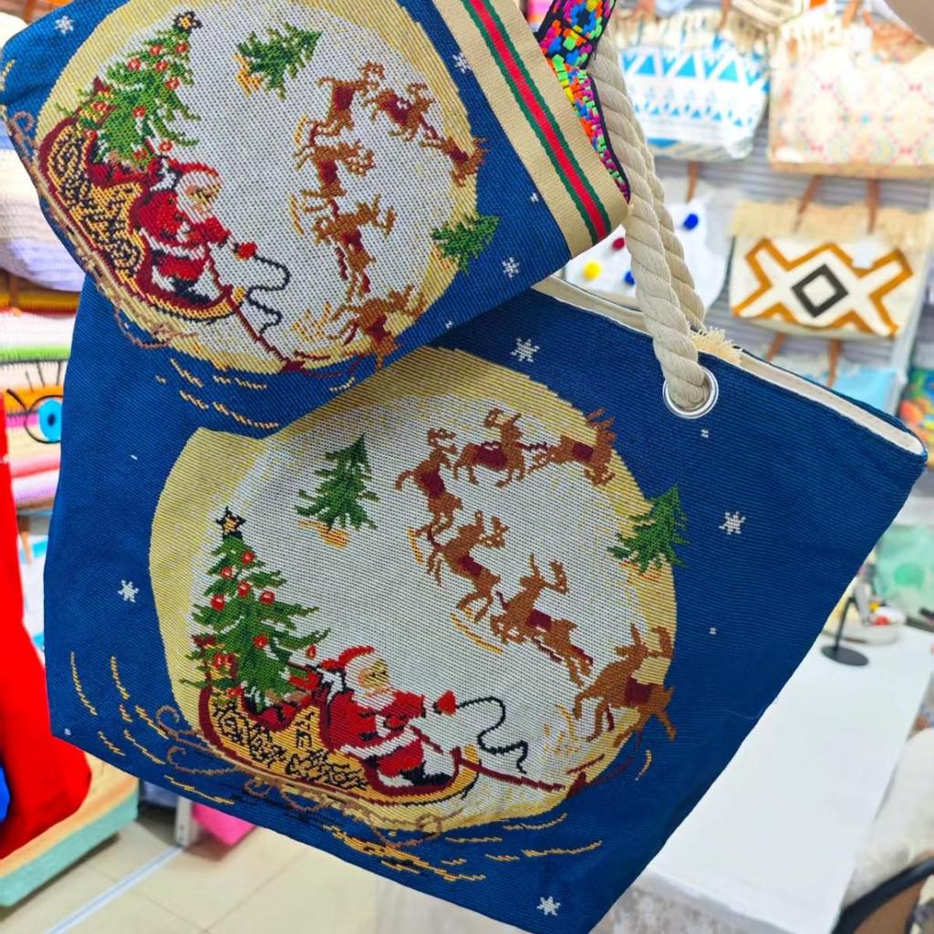 Women's Christmas Tote Set: Snowman & Santa Claus Embroidered Large Shoulder Bag with Makeup Pouch