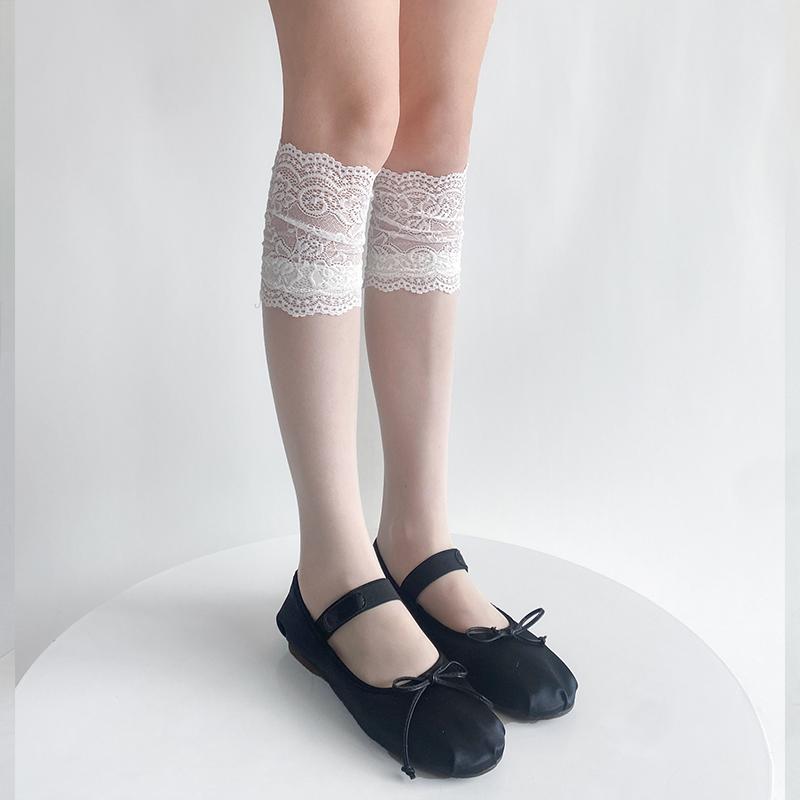 Ultra Thin Transparent Women Lace Ruffle Long Socks Stockings JK Lolita Sweet Girls Sexy Lace Mesh Fishnet Stockings Knee Socks