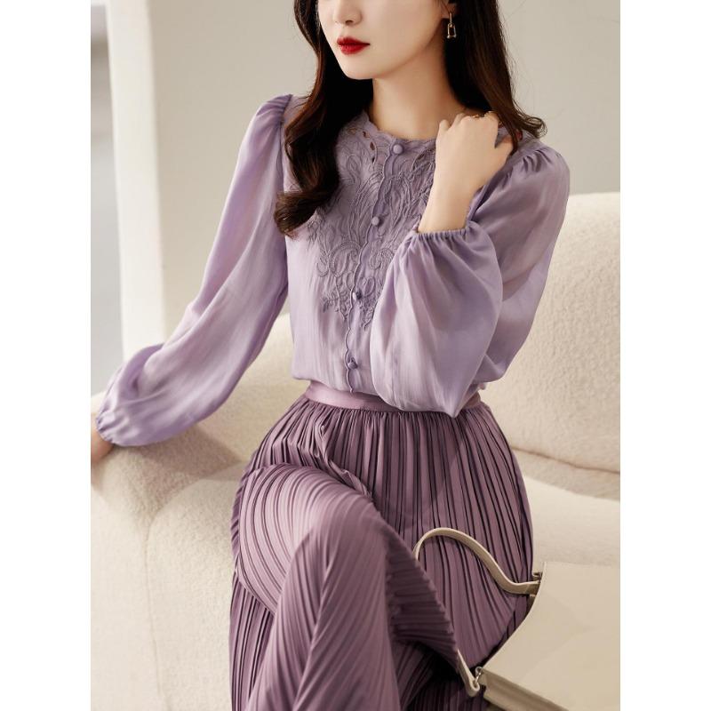 Round Neck Long Sleeve Shirt Lantern Sleeve Small Top Women's Lace Shirt Spring